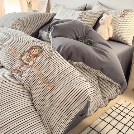 水云缦 2025新款全棉三层纱色织大提花绣花四件套-维尼款 维尼-高级灰