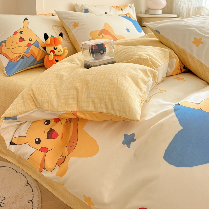 91家纺网 家纺一手货源 找家纺 金爱家 2025新款宝可梦正版授权皮卡丘纯棉印花系列四件套 棉宝可梦-星星皮卡丘