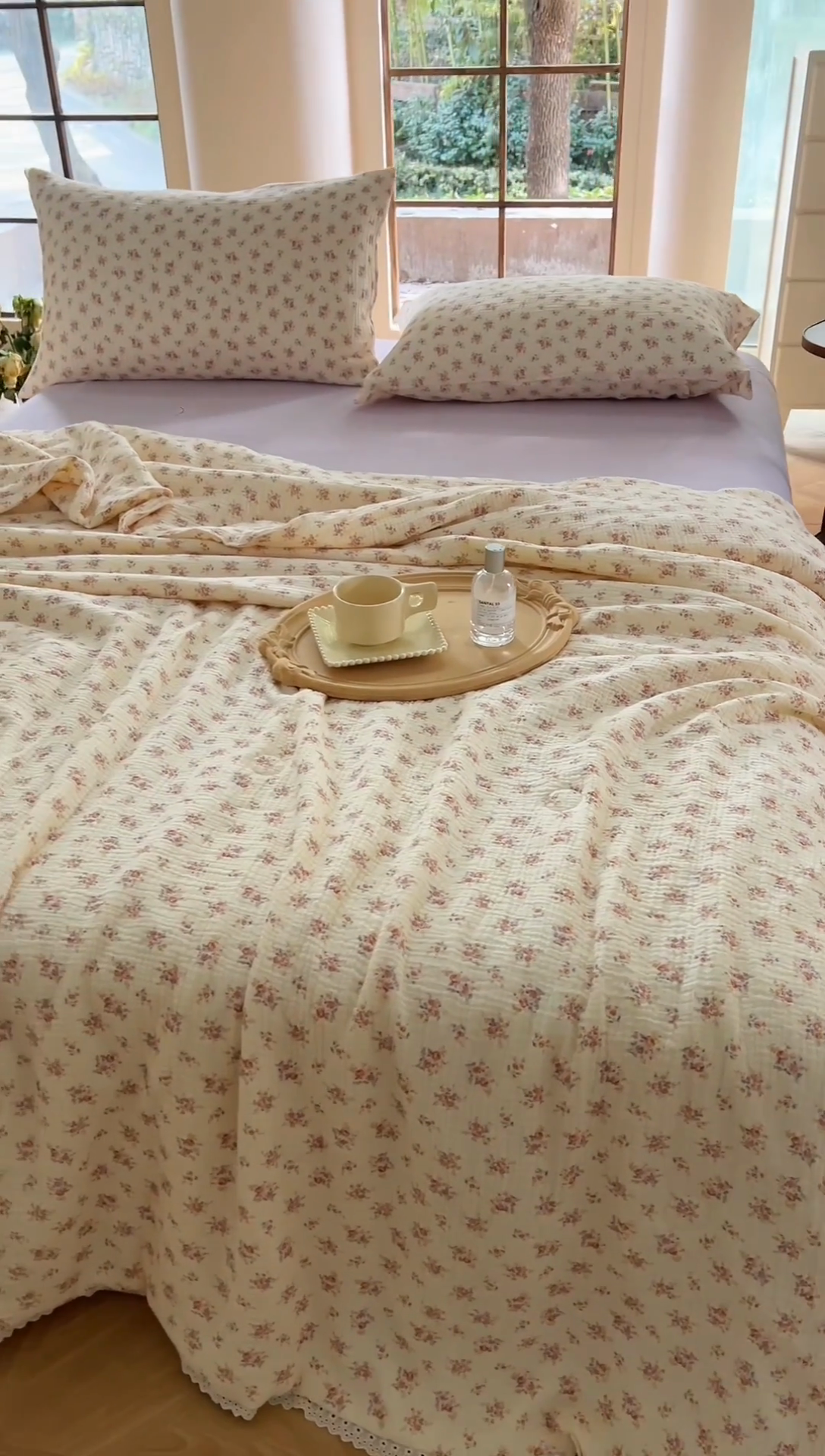 91家纺网 家纺一手货源 找家纺 木楌家居2025新款全棉皱皱纱花边款大豆夏被 伊桃