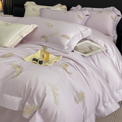 轻奢风新品贡缎长绒棉四件套纯棉全棉重工刺绣床单被套高端床上用品 芊羽梦-黛紫