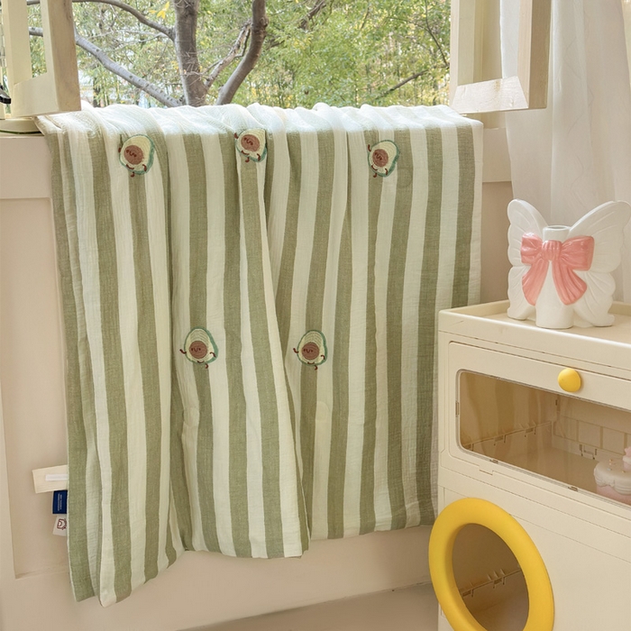 91家纺网 家纺一手货源 找家纺 木楌家居2025新款色织条纹皱皱纱刺绣款夏被 牛油果