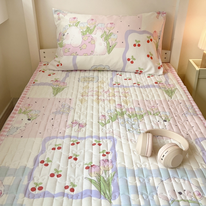 91家纺网 家纺一手货源 找家纺 Sweet dreams甜梦 2025新款全棉卡通小清新棉垫子床垫旅行垫 郁金香小狗