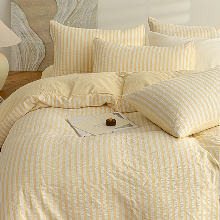 91家纺网 家纺一手货源 找家纺 恩和家纺 2025新款水洗提花条纹四件套 黄白条