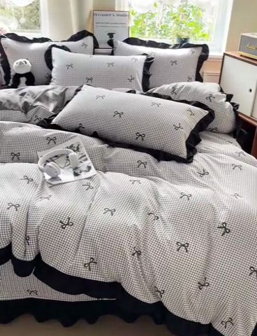 91家纺网 家纺一手货源 找家纺 富米莱（原臻工厂） 2025新款A类针织双层纱赫本风床盖四件套 赫本风一格子蝴蝶结