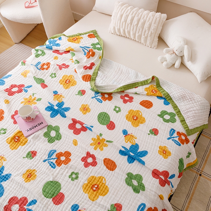 91家纺网 家纺一手货源 找家纺 悦然毛巾被 2025新款全棉泡泡纱6层纱儿童夏被 梦幻彩朵