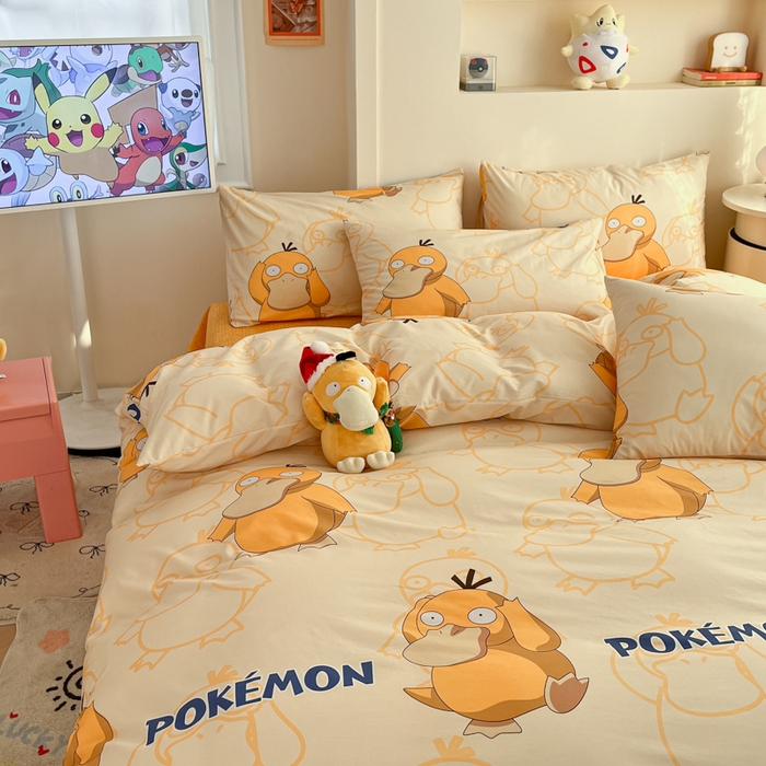 91家纺网 家纺一手货源 找家纺 金爱家 2025新款宝可梦正版授权皮卡丘纯棉印花系列四件套 棉宝可梦-奶黄可达鸭