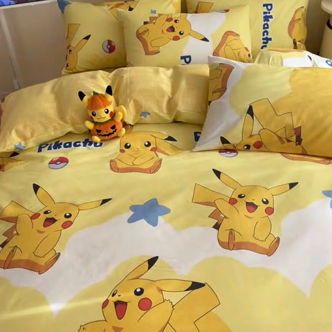 91家纺网 家纺一手货源 找家纺 金爱家 2025新款宝可梦正版授权皮卡丘纯棉印花系列四件套 棉宝可梦-宝贝皮卡丘