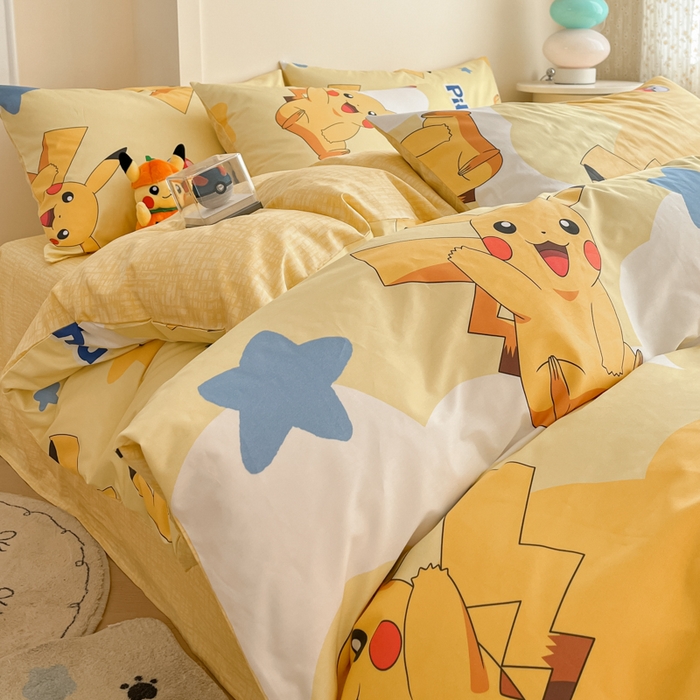 91家纺网 家纺一手货源 找家纺 金爱家 2025新款宝可梦正版授权皮卡丘纯棉印花系列四件套 棉宝可梦-宝贝皮卡丘