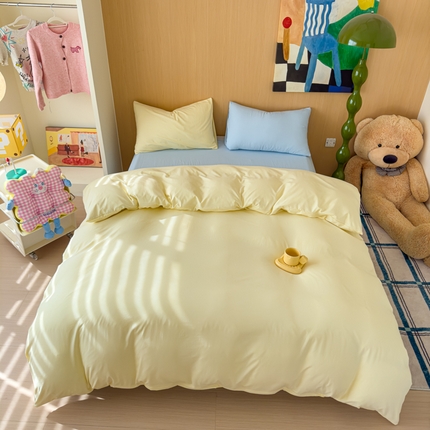 91家纺网 家纺一手货源 找家纺 妖妖家纺 2025新款云感针织棉混搭四件套 奶黄+天蓝