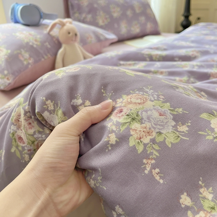 91家纺网 家纺一手货源 找家纺 贝拉梦家纺 2025爆款新款A类有氧针织双层纱四件套 紫萱