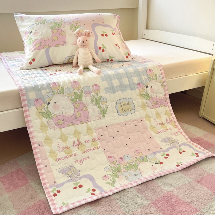 91家纺网 家纺一手货源 找家纺 Sweet dreams甜梦 2025新款全棉卡通小清新棉垫子床垫旅行垫 郁金香小狗