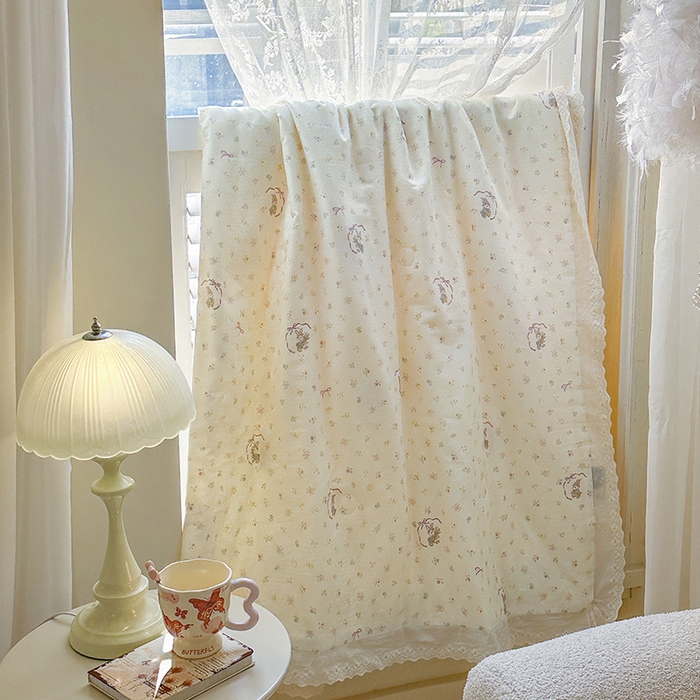 91家纺网 家纺一手货源 找家纺 木楌家居 2025新款全棉双层纱大豆夏被 花枝小兔