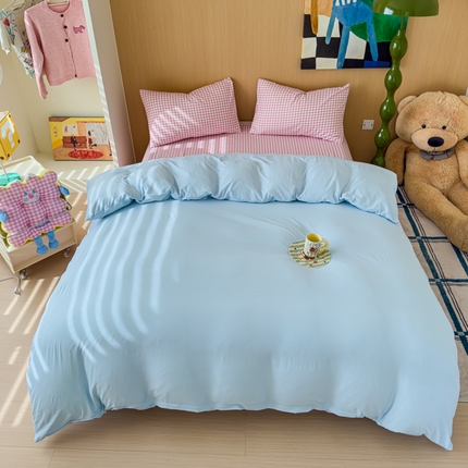 91家纺网 家纺一手货源 找家纺 妖妖家纺 2025新款云感针织棉混搭四件套 天蓝+粉小格