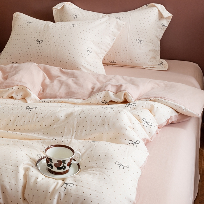 91家纺网 家纺一手货源 找家纺 锦罗绣2025新款A类母婴全棉有氧印花双层纱四件套可定制任意尺寸 波点蝴蝶结