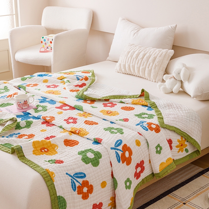 91家纺网 家纺一手货源 找家纺 悦然毛巾被 2025新款全棉泡泡纱6层纱儿童夏被 梦幻彩朵