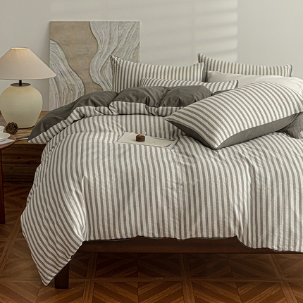 恩和家纺 2025新款水洗提花条纹四件套 灰白条
