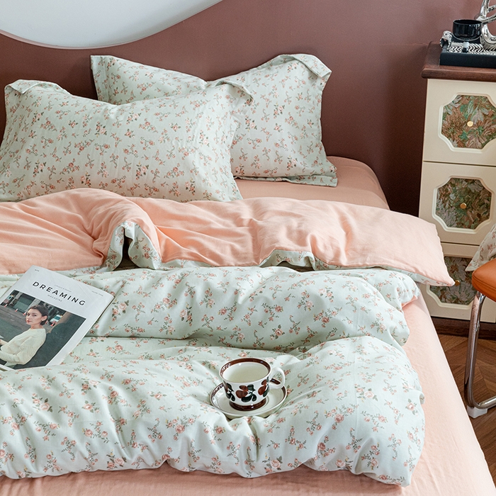 91家纺网 家纺一手货源 找家纺 锦罗绣2025新款A类母婴全棉有氧印花双层纱四件套可定制任意尺寸 春槿