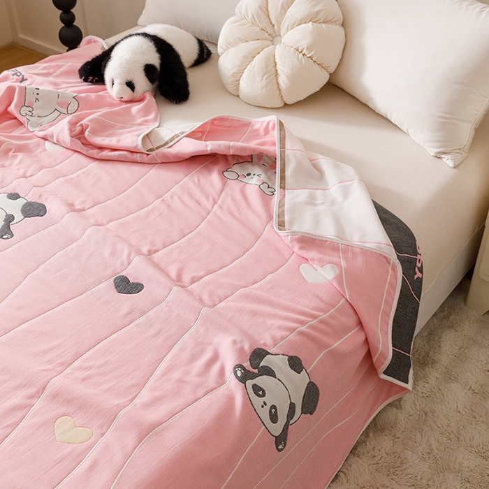 91家纺网 家纺一手货源 找家纺 悦然毛巾被 2025新款全棉６层纱毛巾被 甜梦小熊粉