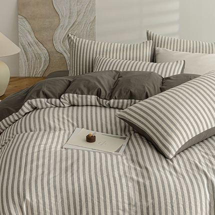 91家纺网 家纺一手货源 找家纺 恩和家纺 2025新款水洗提花条纹四件套 灰白条