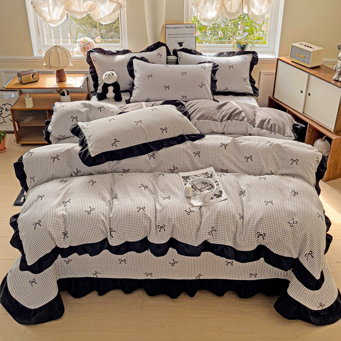 91家纺网 家纺一手货源 找家纺 富米莱（原臻工厂） 2025新款A类针织双层纱赫本风床盖四件套 赫本风一格子蝴蝶结