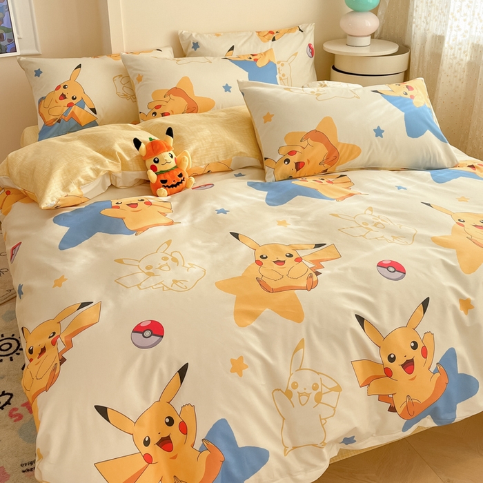 91家纺网 家纺一手货源 找家纺 金爱家 2025新款宝可梦正版授权皮卡丘纯棉印花系列四件套 棉宝可梦-星星皮卡丘