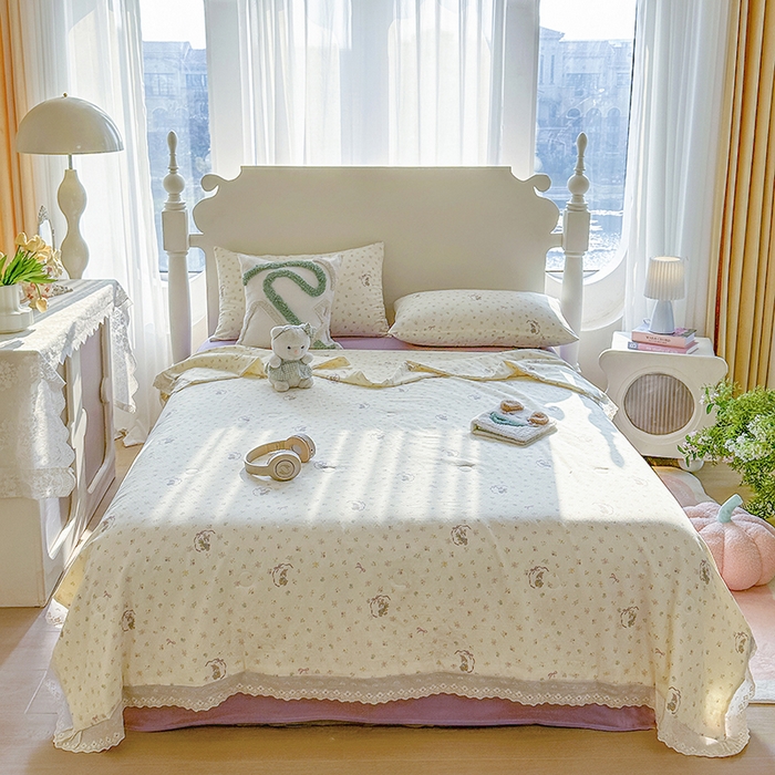 91家纺网 家纺一手货源 找家纺 木楌家居 2025新款全棉双层纱大豆夏被 花枝小兔