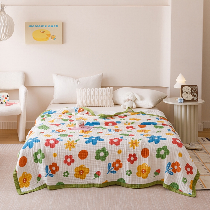 91家纺网 家纺一手货源 找家纺 悦然毛巾被 2025新款全棉泡泡纱6层纱儿童夏被 梦幻彩朵