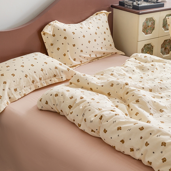 91家纺网 家纺一手货源 找家纺 锦罗绣2025新款A类母婴全棉有氧印花双层纱四件套可定制任意尺寸 呆萌熊