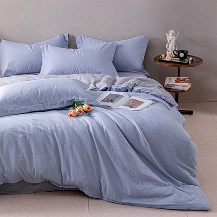 锦罗绣 2025新款A类全棉有氧双层纱纯色四件套 蓝+浅灰