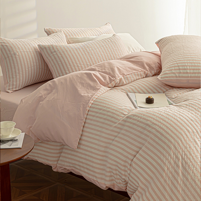 91家纺网 家纺一手货源 找家纺 恩和家纺 2025新款水洗提花条纹四件套 粉白条