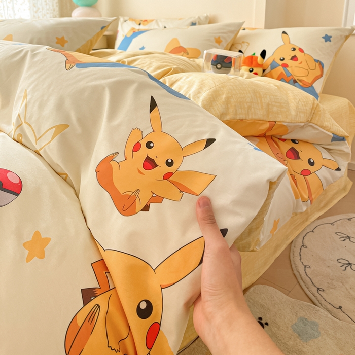 91家纺网 家纺一手货源 找家纺 金爱家 2025新款宝可梦正版授权皮卡丘纯棉印花系列四件套 棉宝可梦-星星皮卡丘