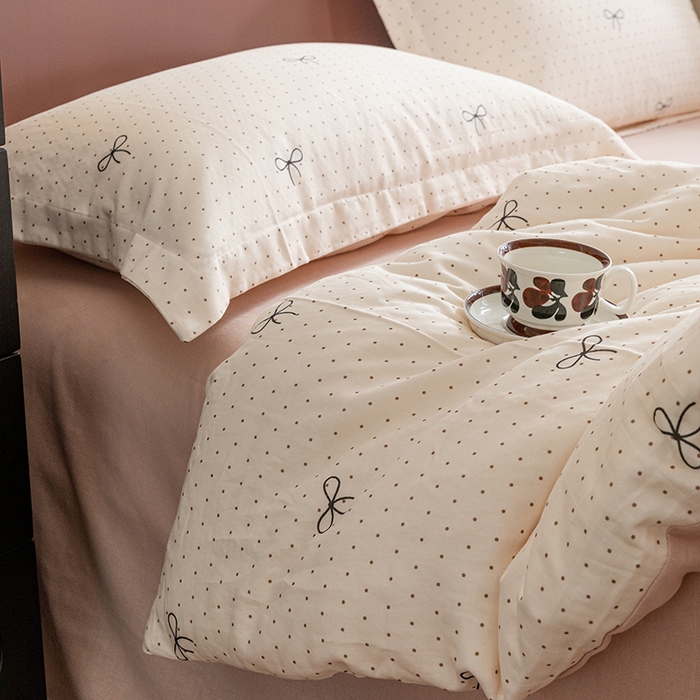 91家纺网 家纺一手货源 找家纺 锦罗绣2025新款A类母婴全棉有氧印花双层纱四件套可定制任意尺寸 波点蝴蝶结