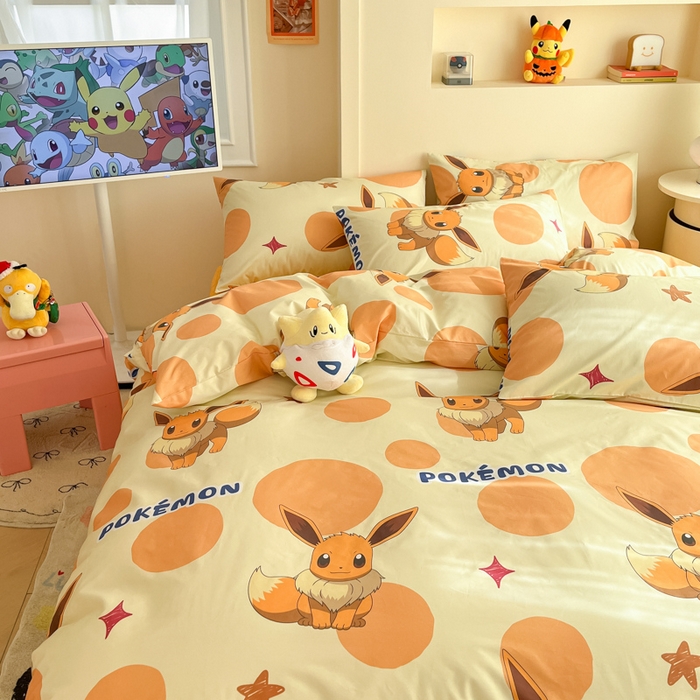 91家纺网 家纺一手货源 找家纺 金爱家 2025新款宝可梦正版授权皮卡丘纯棉印花系列四件套 棉宝可梦-泡泡伊布