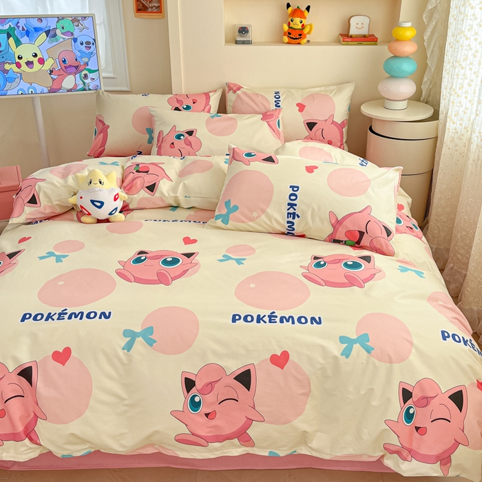 91家纺网 家纺一手货源 找家纺 金爱家 2025新款宝可梦正版授权皮卡丘纯棉印花系列四件套 棉宝可梦-蝴蝶结胖丁