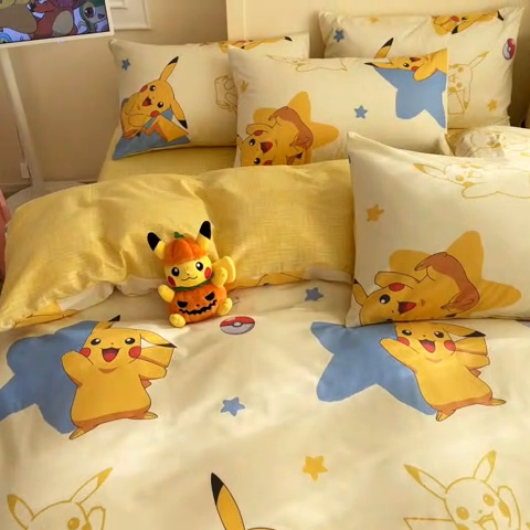 91家纺网 家纺一手货源 找家纺 金爱家 2025新款宝可梦正版授权皮卡丘纯棉印花系列四件套 棉宝可梦-星星皮卡丘