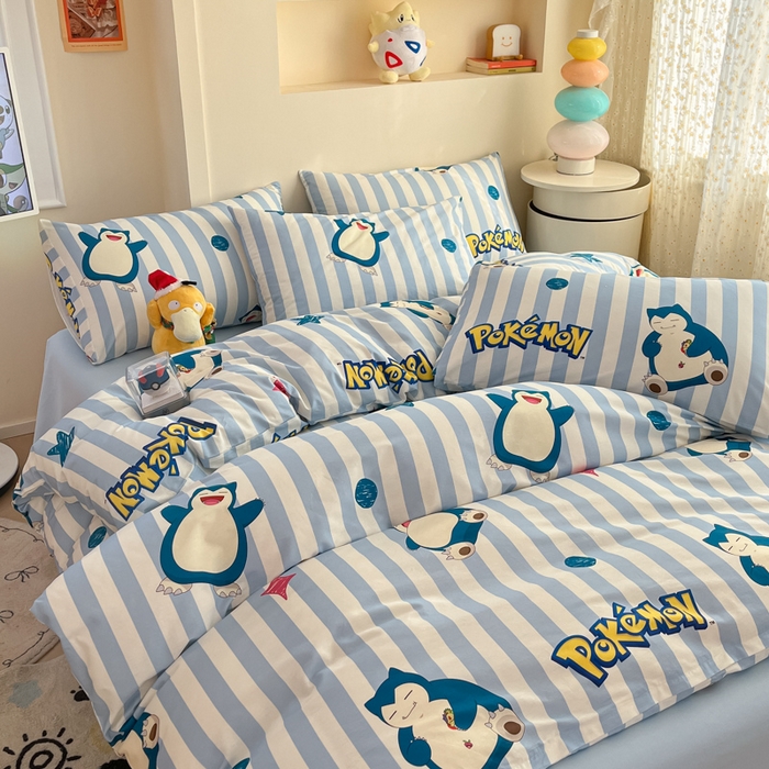 91家纺网 家纺一手货源 找家纺 金爱家 2025新款宝可梦正版授权皮卡丘纯棉印花系列四件套 棉宝可梦-蓝条卡比兽