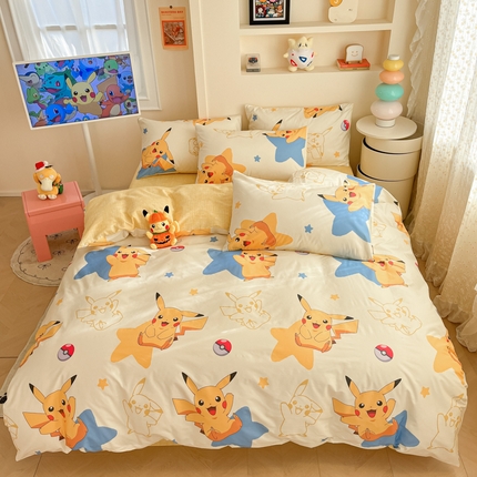 91家纺网 家纺一手货源 找家纺 桃子家居 2025新款宝可梦正版授权皮卡丘纯棉印花系列四件套 棉宝可梦-星星皮卡丘