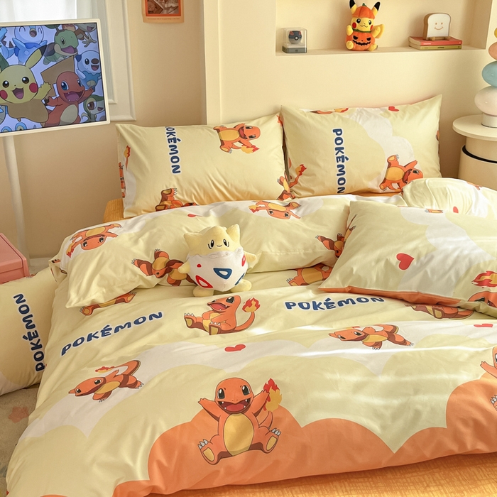 91家纺网 家纺一手货源 找家纺 金爱家 2025新款宝可梦正版授权皮卡丘纯棉印花系列四件套 棉宝可梦-开心喷火龙