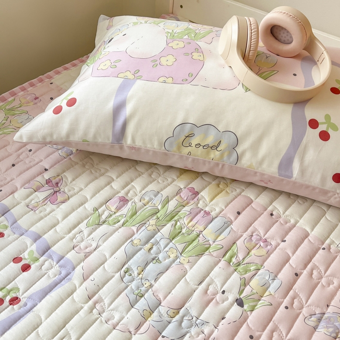 91家纺网 家纺一手货源 找家纺 Sweet dreams甜梦 2025新款全棉卡通小清新棉垫子床垫旅行垫 郁金香小狗