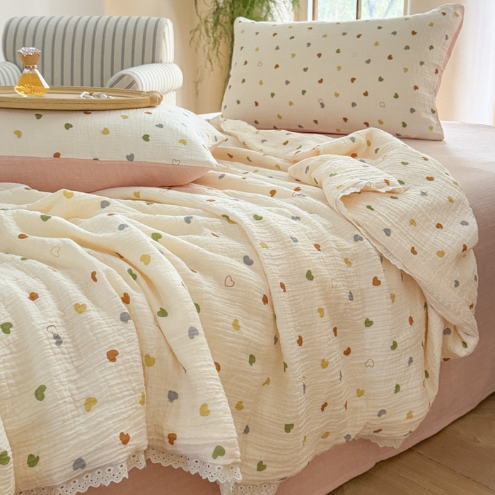 91家纺网 家纺一手货源 找家纺 木楌家居2025新款全棉皱皱纱花边款大豆夏被 宁雪