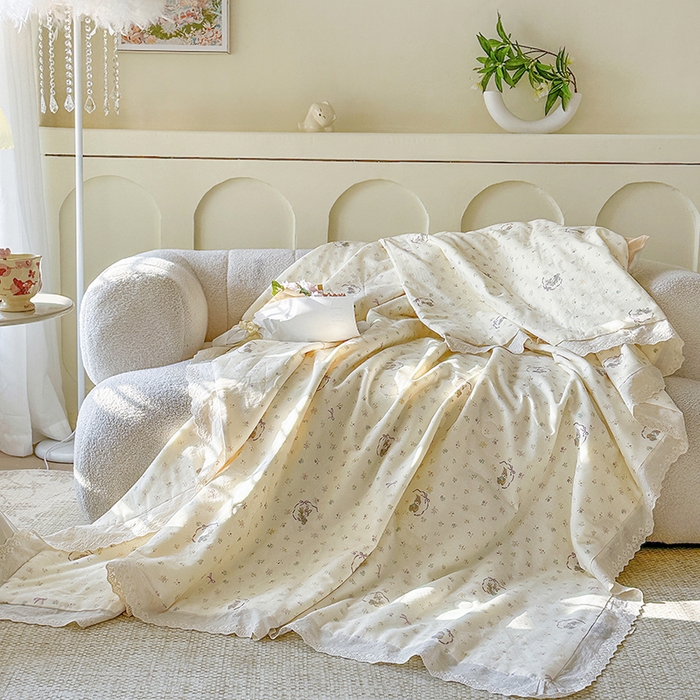 91家纺网 家纺一手货源 找家纺 木楌家居 2025新款全棉双层纱大豆夏被 花枝小兔