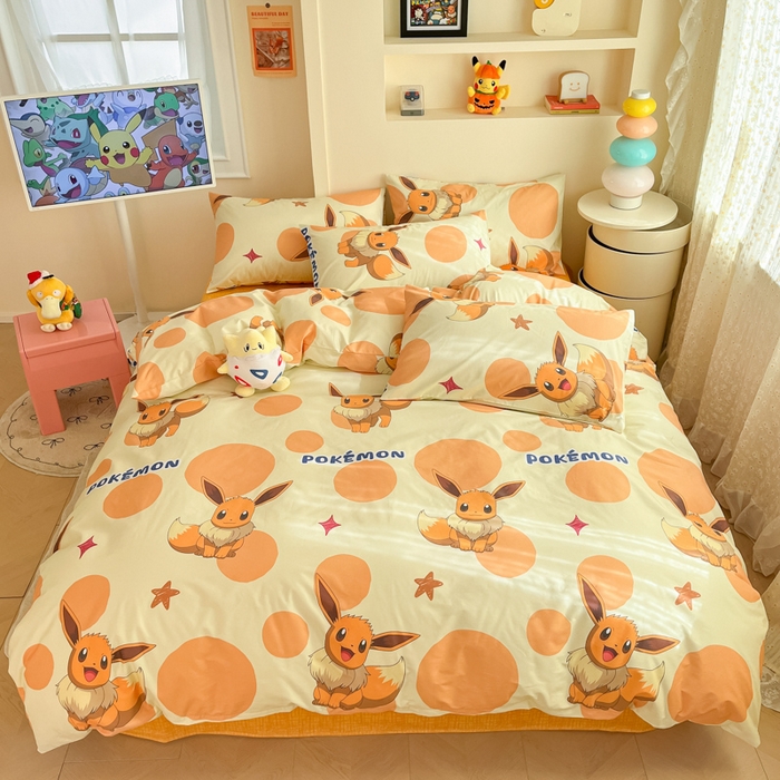 91家纺网 家纺一手货源 找家纺 金爱家 2025新款宝可梦正版授权皮卡丘纯棉印花系列四件套 棉宝可梦-泡泡伊布