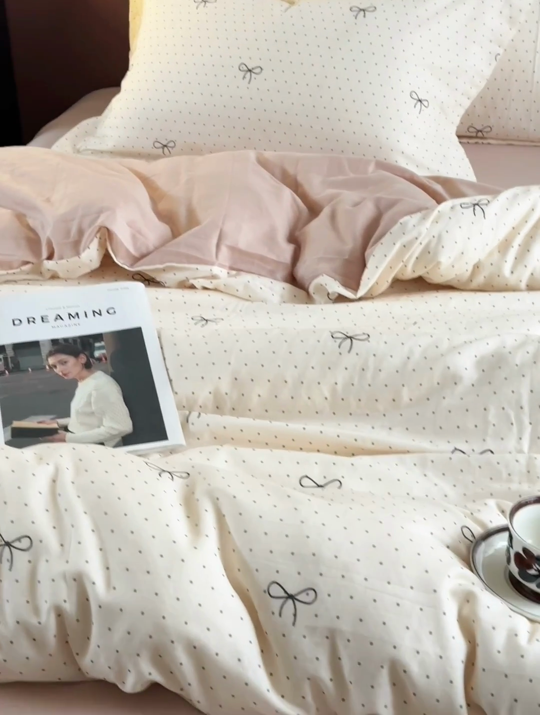 91家纺网 家纺一手货源 找家纺 锦罗绣2025新款A类母婴全棉有氧印花双层纱四件套可定制任意尺寸 波点蝴蝶结