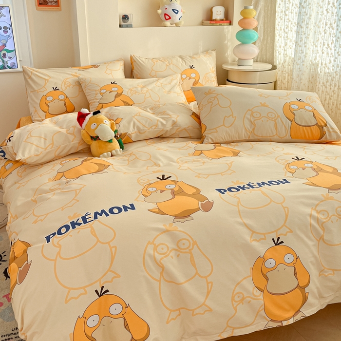91家纺网 家纺一手货源 找家纺 金爱家 2025新款宝可梦正版授权皮卡丘纯棉印花系列四件套 棉宝可梦-奶黄可达鸭