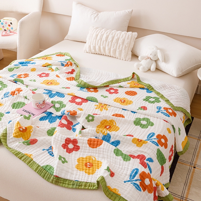 91家纺网 家纺一手货源 找家纺 悦然毛巾被 2025新款全棉泡泡纱6层纱儿童夏被 梦幻彩朵