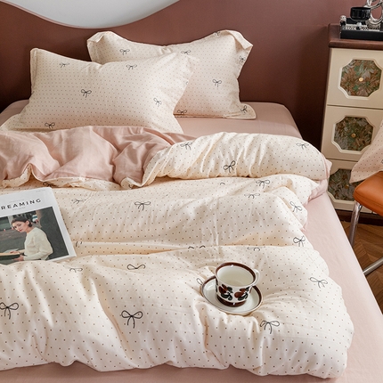 锦罗绣2025新款A类母婴全棉有氧印花双层纱四件套可定制任意尺寸 波点蝴蝶结