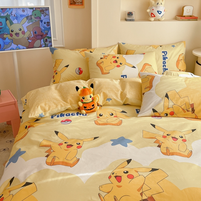 91家纺网 家纺一手货源 找家纺 金爱家 2025新款宝可梦正版授权皮卡丘纯棉印花系列四件套 棉宝可梦-宝贝皮卡丘