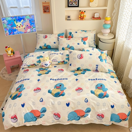91家纺网 家纺一手货源 找家纺 金爱家 2025新款宝可梦正版授权皮卡丘纯棉印花系列四件套 棉宝可梦-欢快杰尼龟