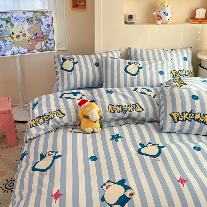 91家纺网 家纺一手货源 找家纺 金爱家 2025新款宝可梦正版授权皮卡丘纯棉印花系列四件套 棉宝可梦-蓝条卡比兽