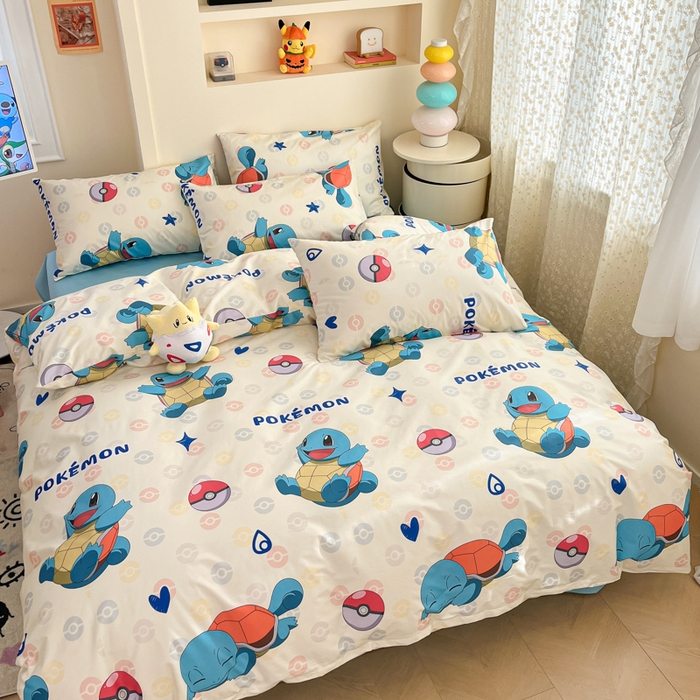 91家纺网 家纺一手货源 找家纺 金爱家 2025新款宝可梦正版授权皮卡丘纯棉印花系列四件套 棉宝可梦-欢快杰尼龟